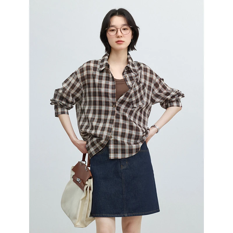素典【冰美式】纯棉休闲格子衬衫简约落肩通勤翻领衬衣外套3890