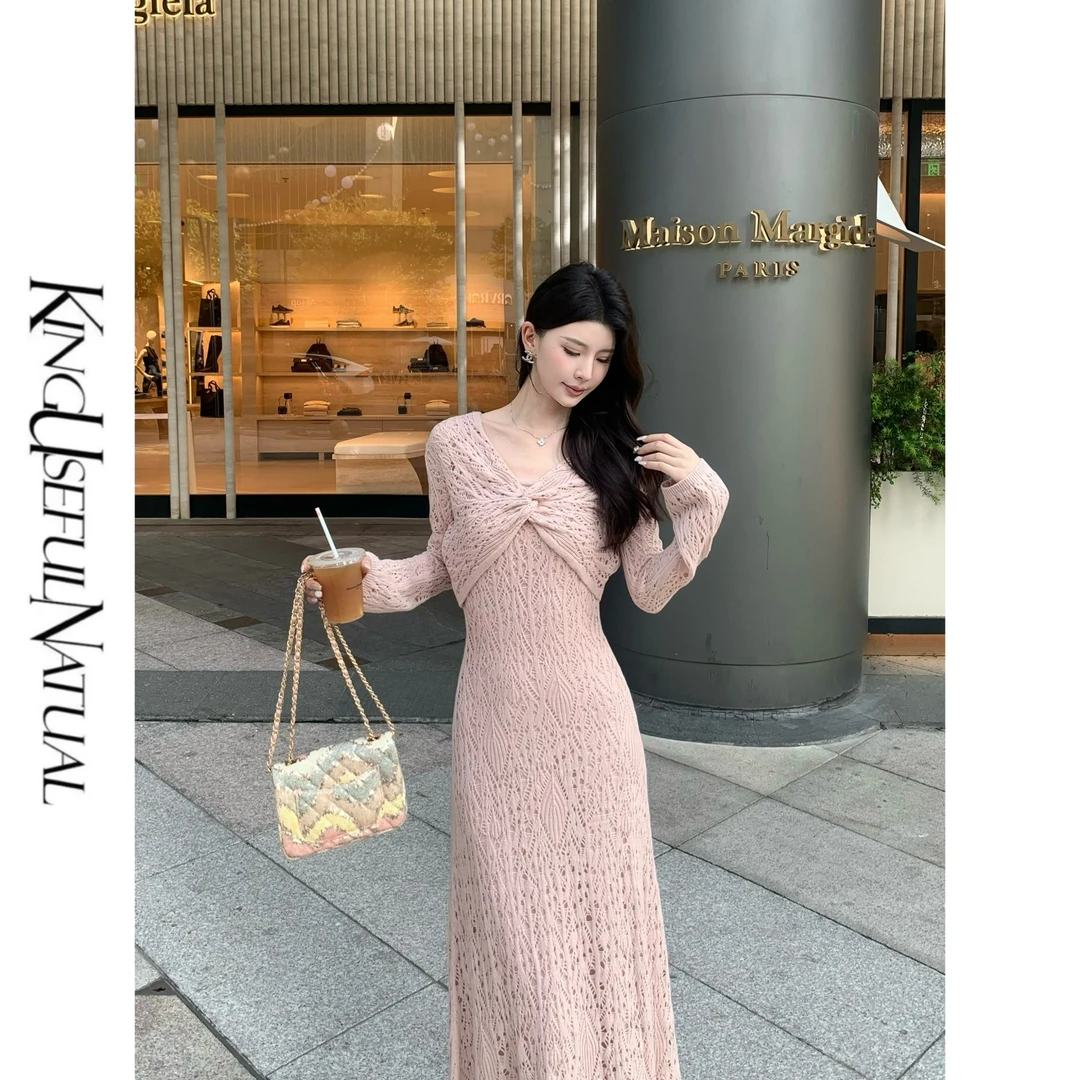 KUN【凯茜的情书】温柔女人 秋冬扭结两件套浅粉紫针织连衣裙套装