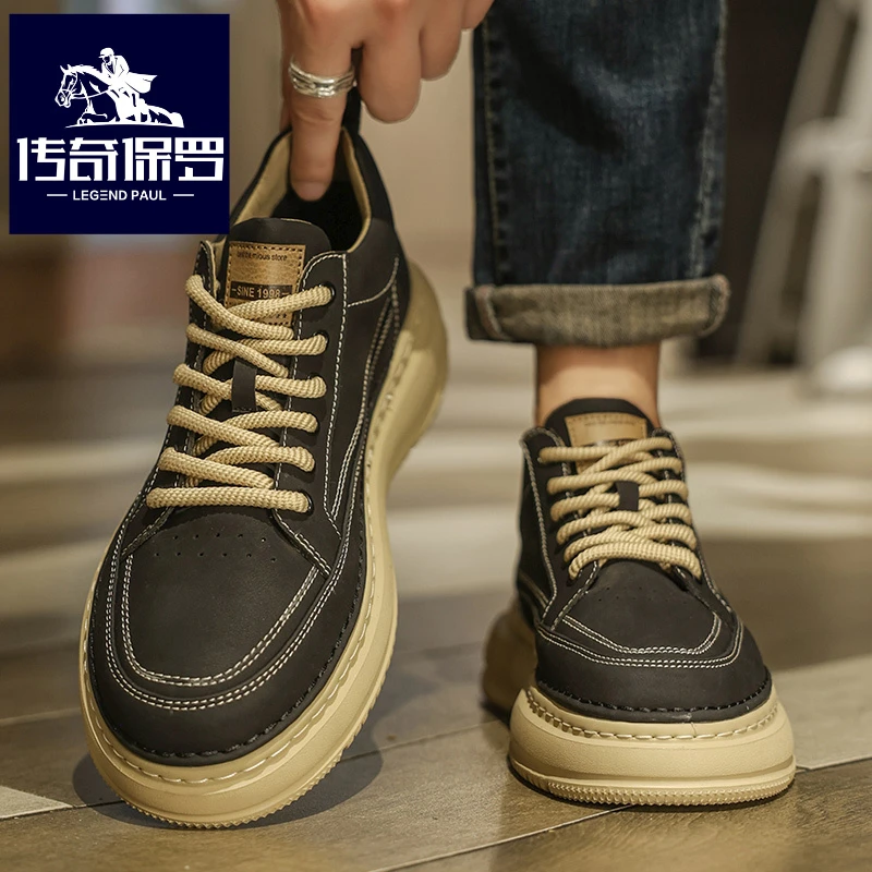 传奇保罗正版男鞋冬季厚底运动板鞋男士黑色百搭工作马丁皮鞋冬季