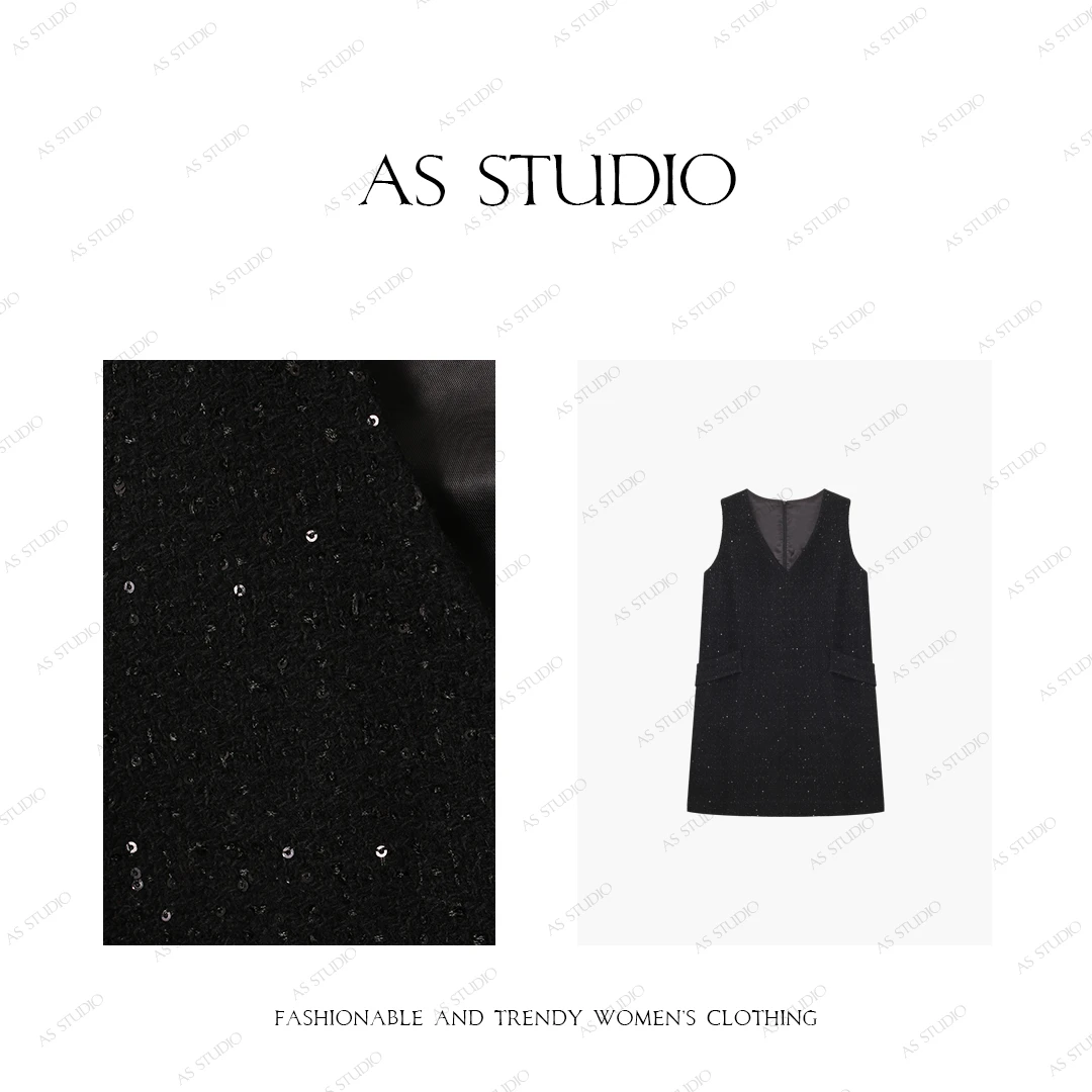 【AS夜星辰】25新实力裁剪显瘦V领无袖亮片香风连衣裙AS24DLY3570