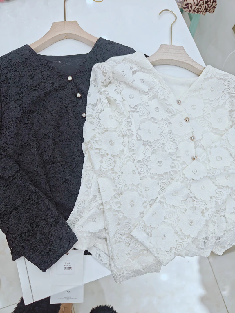 春季长袖修身蕾丝上衣