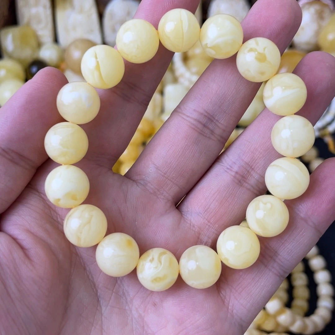 未镶嵌琥珀手串12+俄料妖白花蜡圆珠手串
