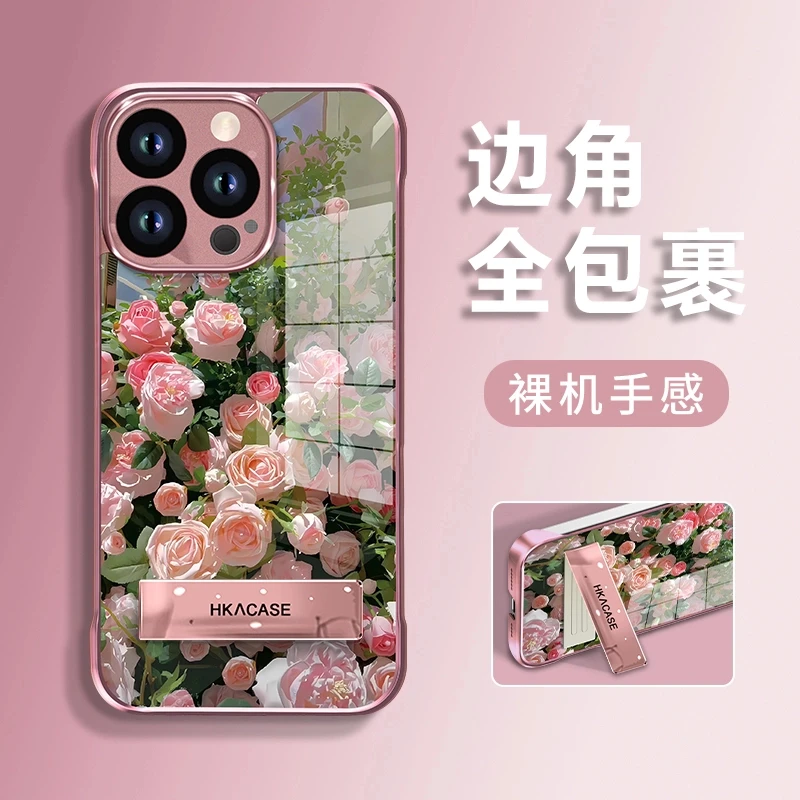 玫瑰花园适用苹果14/15/16promax玻璃无边框mate60pro手机壳女
