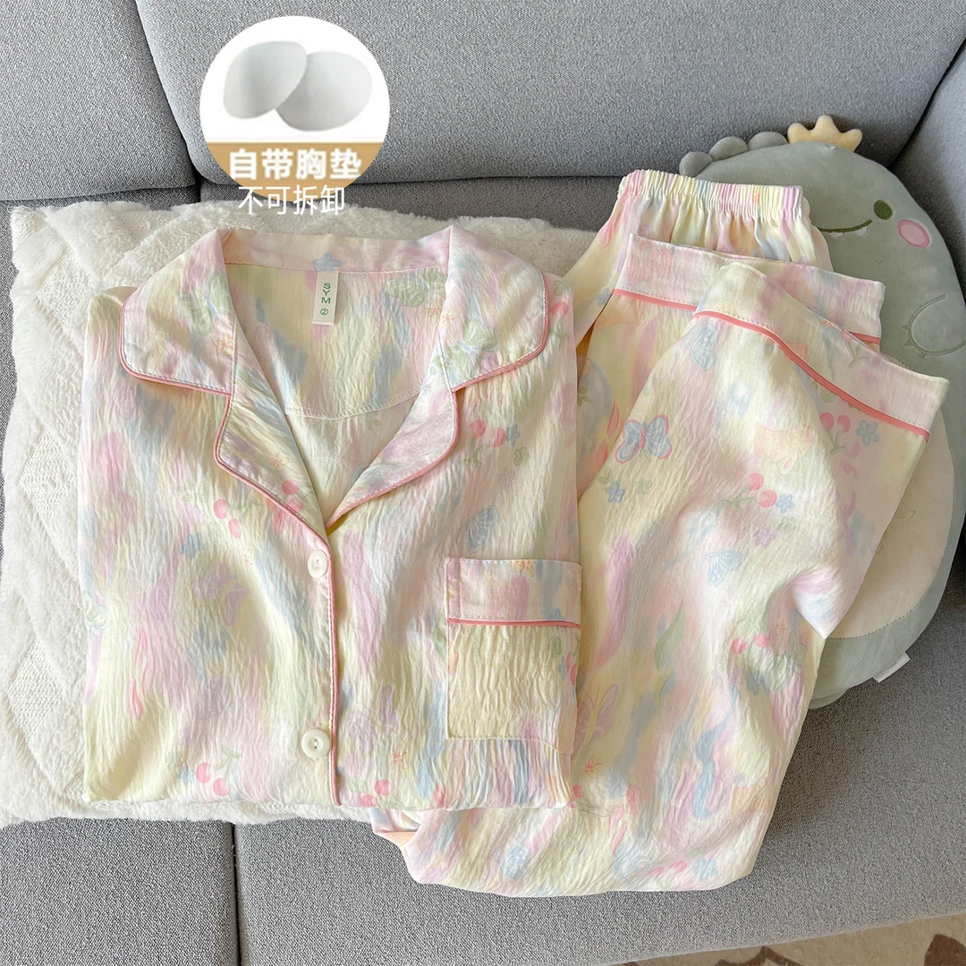 春秋季带胸垫睡衣女生KT猫两件套装长袖ins风学生卡通家居服休闲