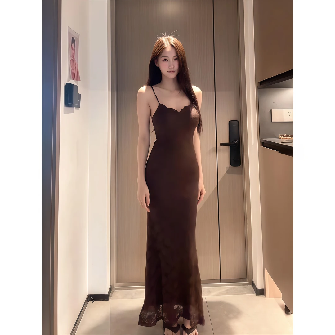 纯欲性感复古蕾丝钩花吊带连衣裙女夏季新款收腰显身材包臀长裙子