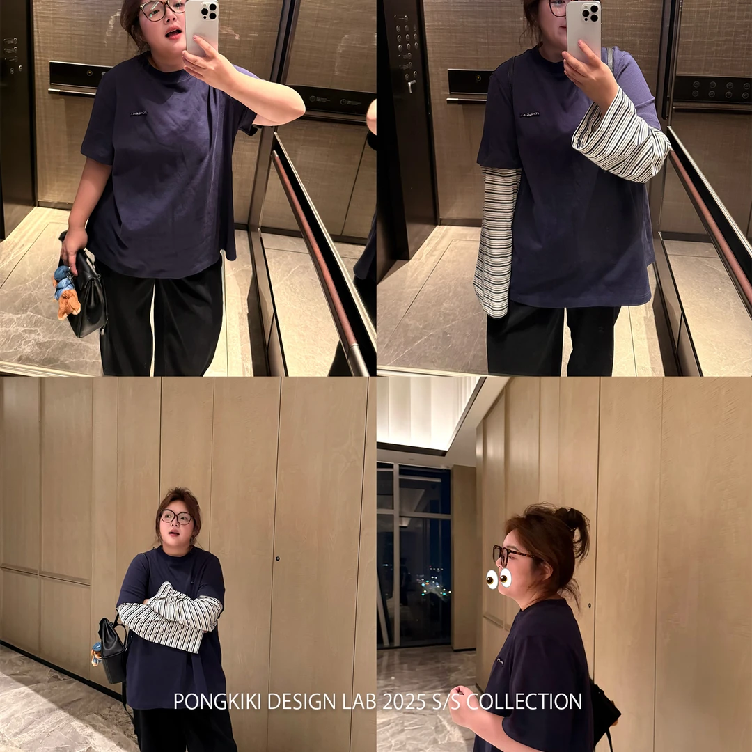 老章和小胖PONGKIKI可拆卸精致T恤大码宽松刺绣两穿体恤上衣