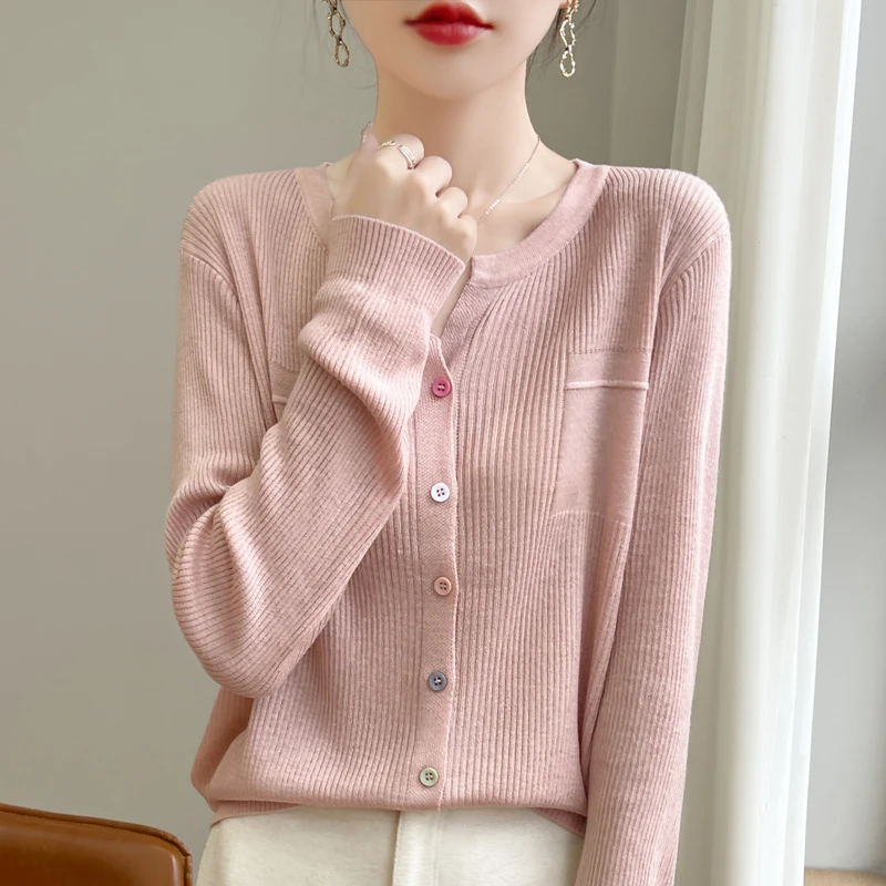 精纺细羊毛薄款法式长袖针织开衫女外套彩扣毛衣软糯舒适打底6011