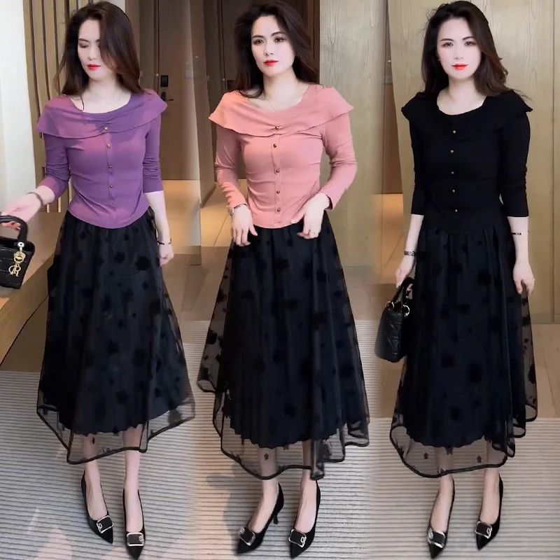 时尚连衣裙套装女2025夏季新款洋气显瘦一字肩长袖网纱裙两件套