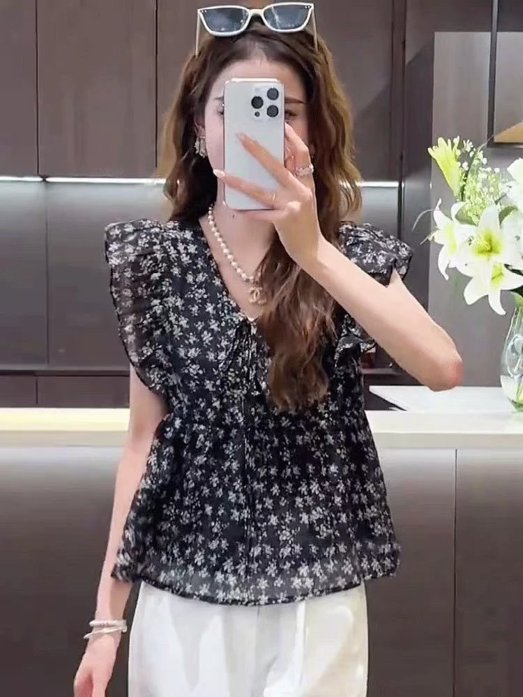 清新小飞袖雪纺衬衫女轻奢高级感爆款夏季碎花小衫雪纺衫上衣