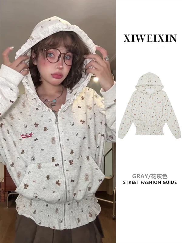 美式复古碎花KT满印褶皱连帽外套2025秋季设计感卫衣街头百搭帽衫