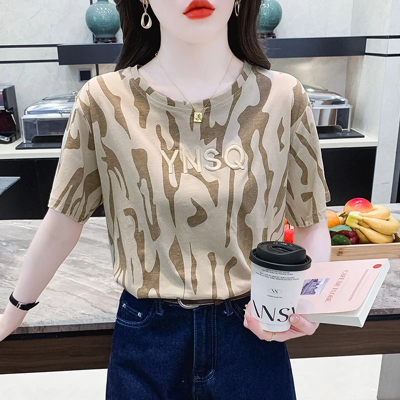 夏季韩版潮流刺绣短袖T恤女设计感字母印花宽松休闲减龄ins风上衣