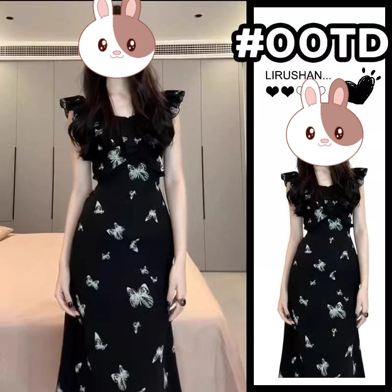 飞飞袖蝴蝶印花方领连衣裙黑色收腰中长款显瘦气质无袖连衣裙女夏