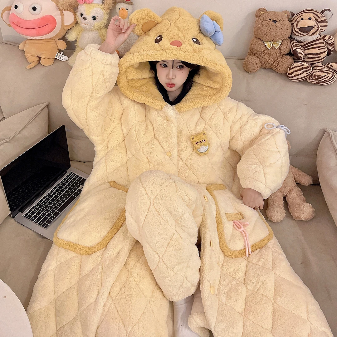 睡袍睡衣女冬季加绒加厚2025新款法兰绒套装三层夹棉珊瑚绒家居服