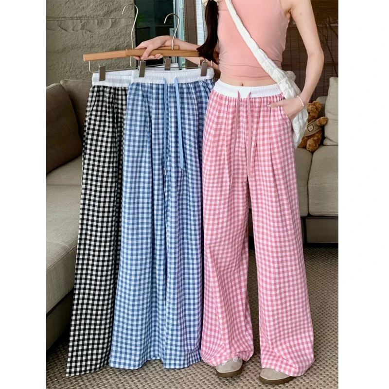 大码韩版格子阔腿裤女夏季松紧腰宽松垂感直筒显瘦休闲裤子潮8201