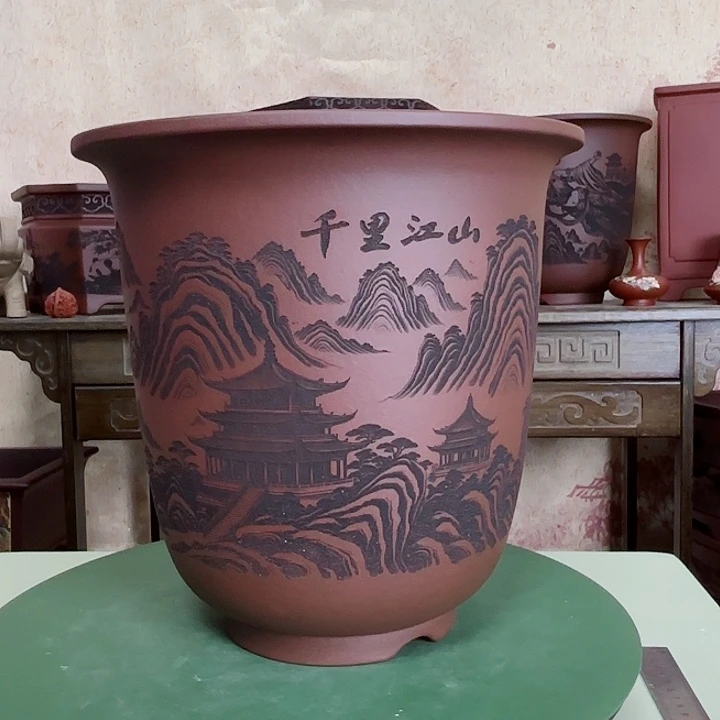 紫砂花盆千里江山