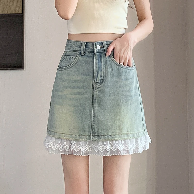 防走光蕾丝拼接牛仔半身裙女2025夏设计感小个子高腰显瘦A字裙潮
