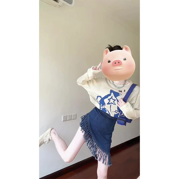 日系飞鸟花瓶撞色防晒长袖罩衫T辣妹斜边流苏边牛仔半身裙套装