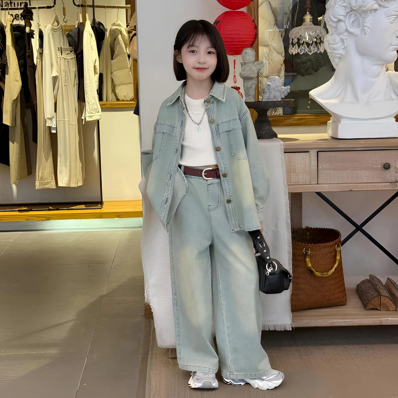 女童牛仔衬衫阔腿裤套装春秋2025韩版中大童时髦洋气两件套长款潮