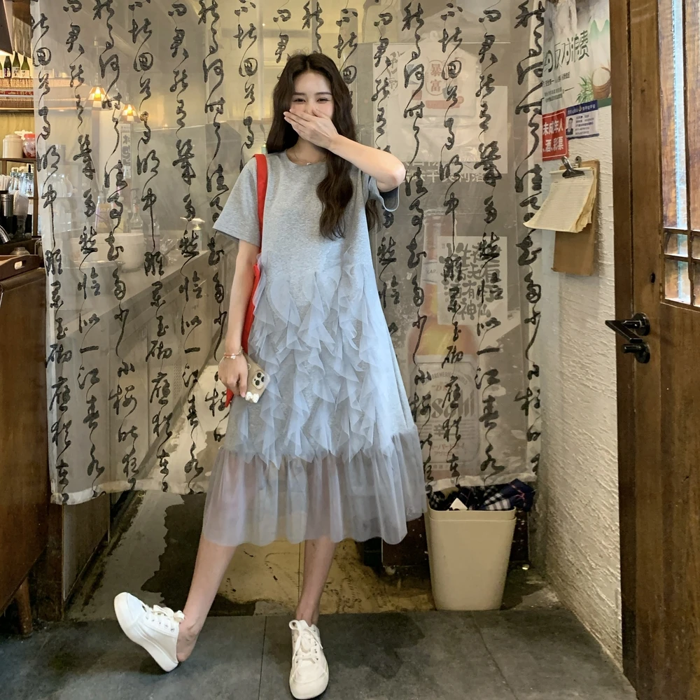 网纱拼接T恤裙女中长款2025夏季新款气质显瘦遮肉假两件卫衣裙子