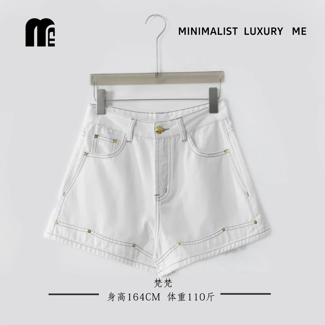 ME 外贸单！新款！法式老钱风白牛奶皮裤铆钉复古牛仔短裤