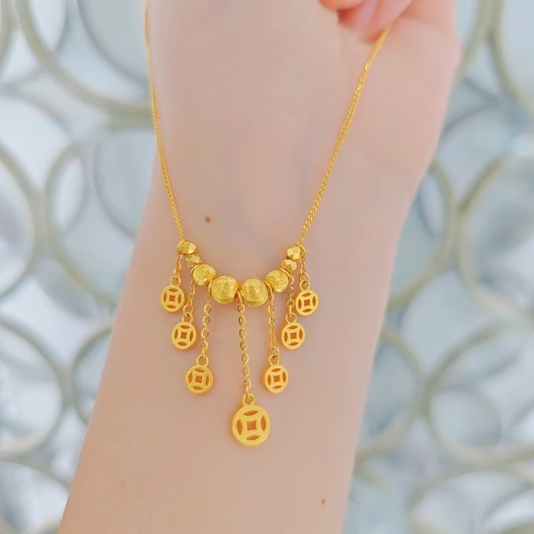 足金999拉丝猫眼钱币流苏黄金套链时尚百搭黄金首饰项链