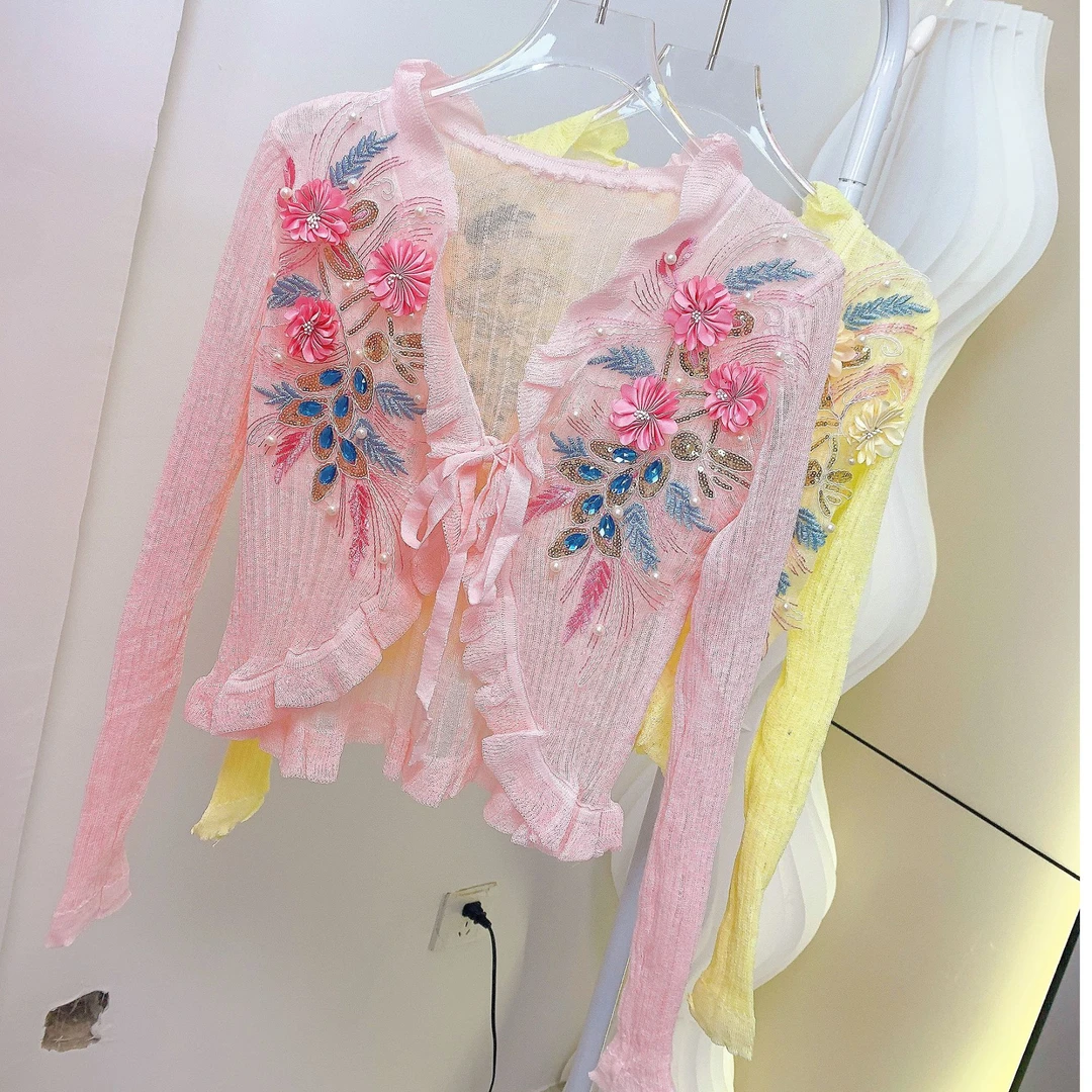 重工设计感立体花朵钉珠镶钻系带防晒外套