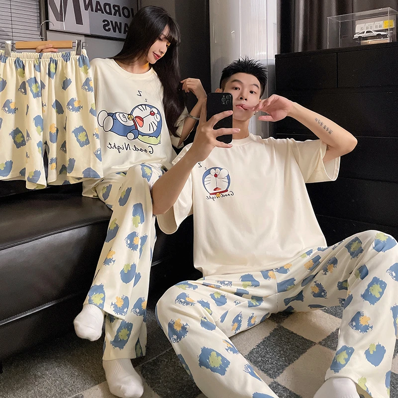 情侣睡衣三件套睡衣夏天男女网红纯棉套装宽松薄款休闲外穿家居服