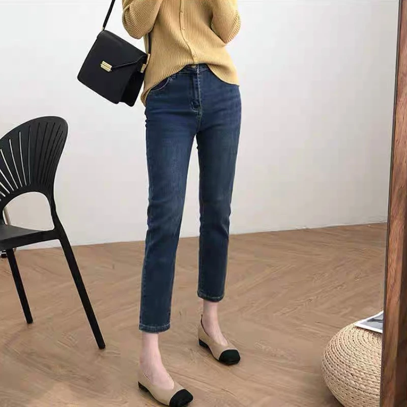 烟管直筒牛仔裤女显瘦2025年春秋新款155小个子八分九分修身长裤