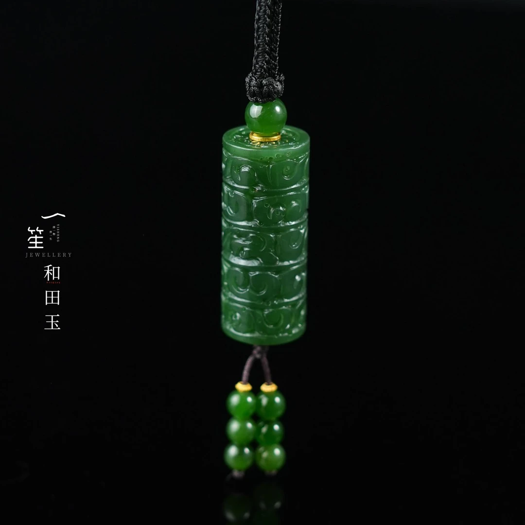 【一笙珠宝】天然和田玉碧玉老料定心柱吊坠18k金镶嵌 DY6880