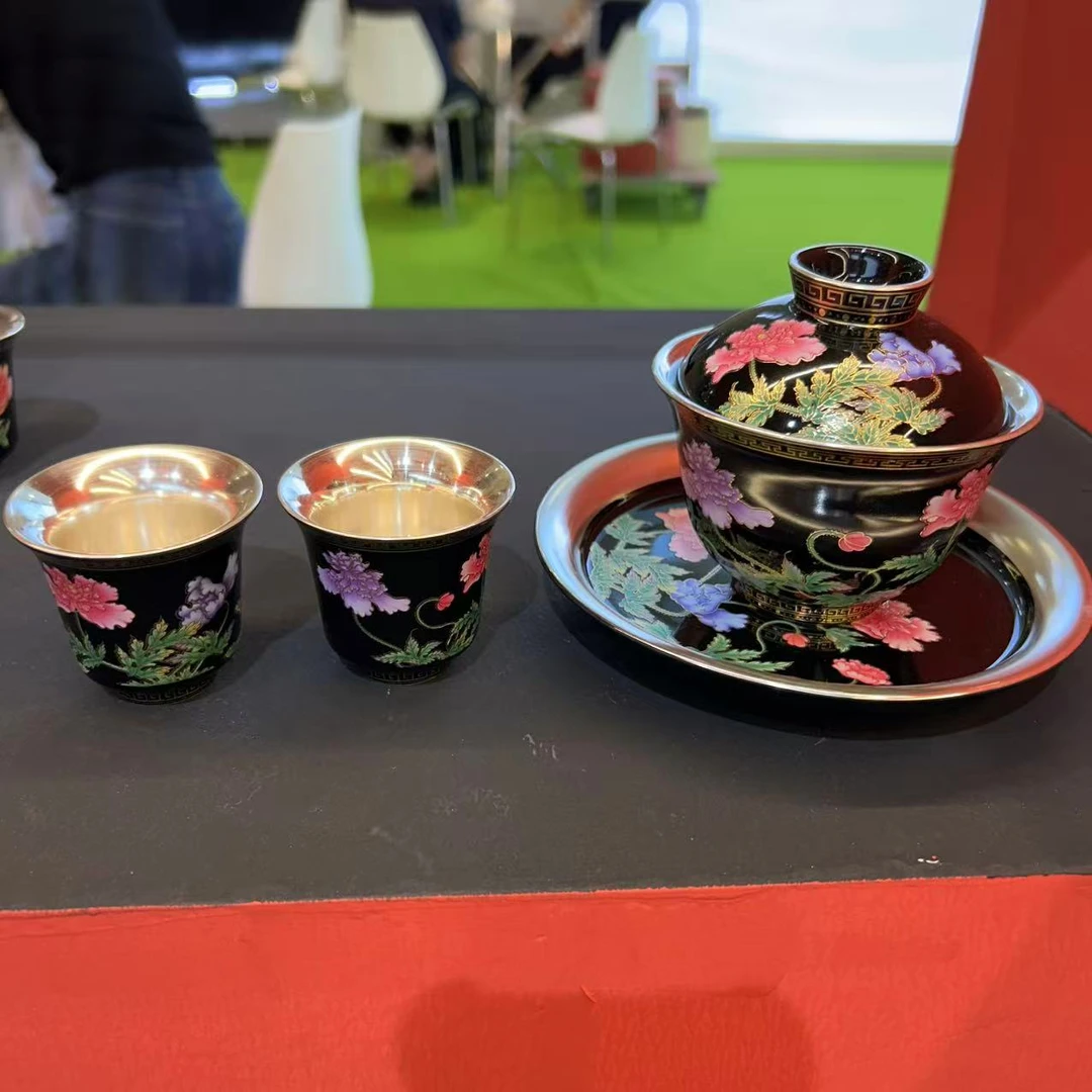 【厦门茶博会】虞美人手工鎏银三才盖碗➕两杯
