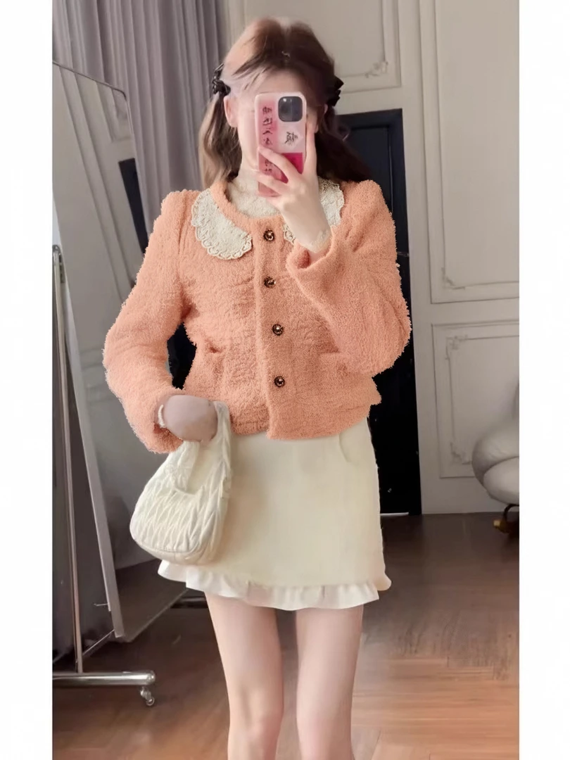 EAQF8754#秋冬款女装法式名媛气质淑女娃娃领外套上衣