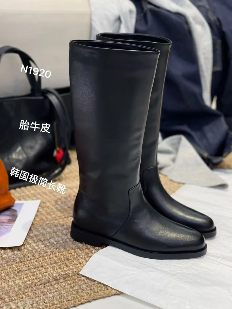 秋冬长筒极简高筒靴女鞋马靴时尚女士时装靴冬季骑士百搭黑色真皮