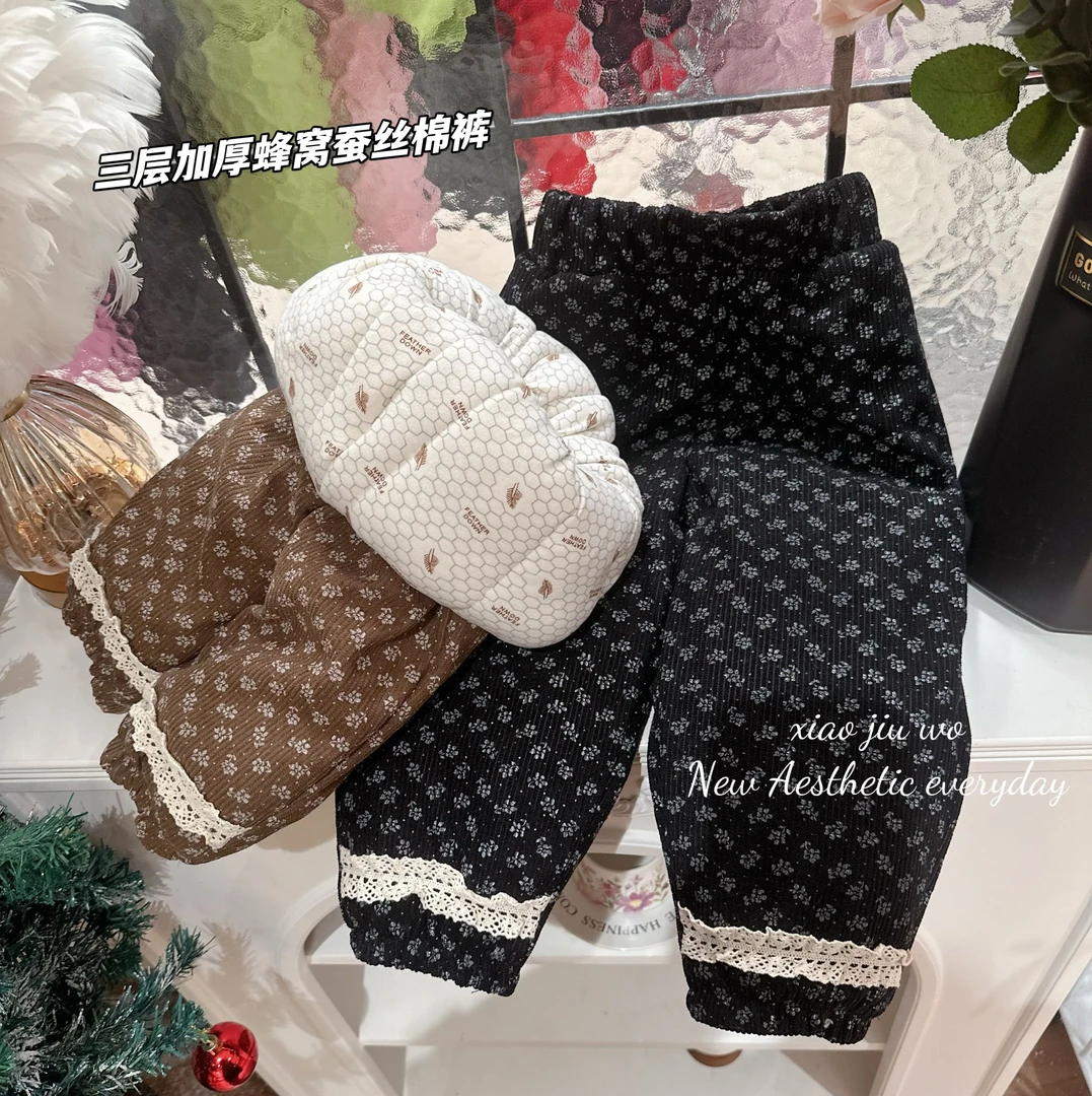 女童三层加厚温变保暖裤子冬季休闲女宝宝碎花时尚束脚裤