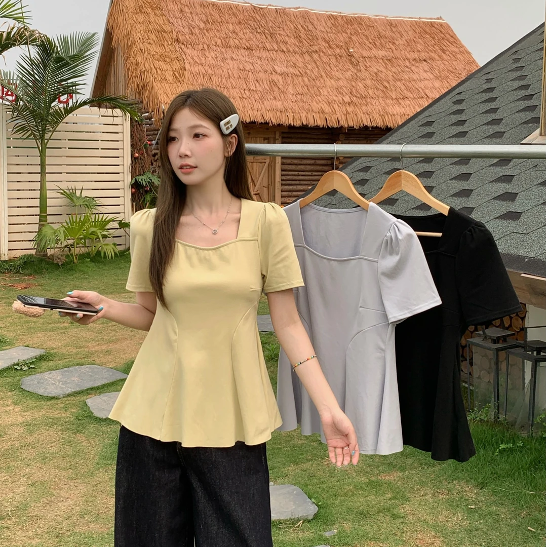 正肩方领荷叶边短袖T恤女夏季打底衫微胖大码设计感遮肚收腰上衣