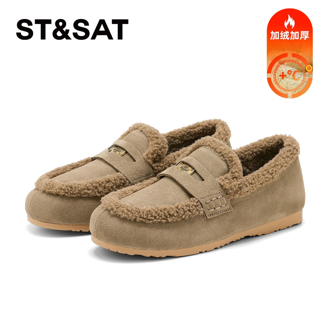 星期六轻便柔软平底单鞋女士2025新品加绒款百搭复古一脚蹬毛毛鞋