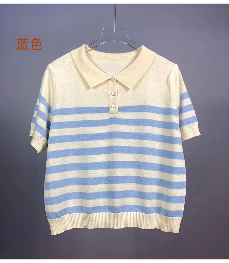 百搭夏季亚麻撞色翻领上衣短袖T恤翻领蓝色ol