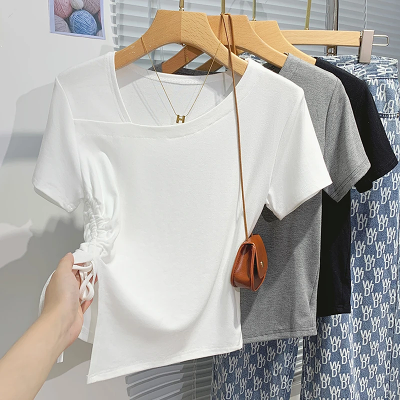 不规则抽绳短款短袖t恤女夏季2025新款纯欲辣妹正肩半袖上衣