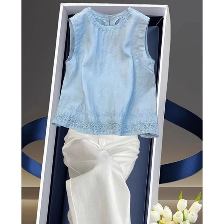 夏季别致辣妹蕾丝拼接亚麻马甲背心女外穿设计感小众宽松无袖上衣