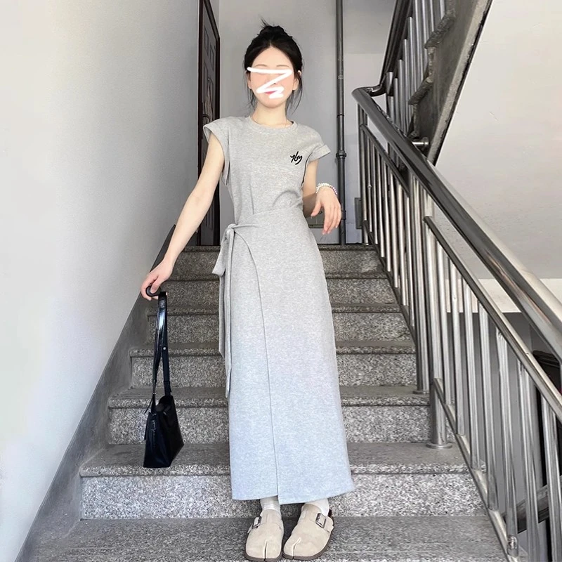 酷飒风女装高级感少女风灰色绑带短袖连衣裙夏小个子法式气质长裙