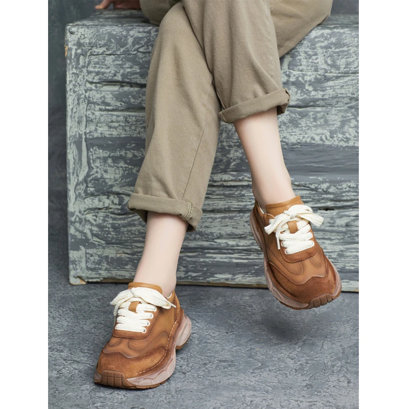 2025春季新款手工真皮圆头英系带平跟休闲厚底阿甘鞋软底老爹鞋