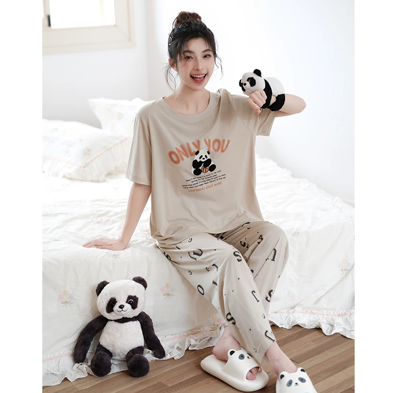 芬腾纯棉睡衣女款女士夏季短袖长裤薄款圆领套头卡通家居服套装