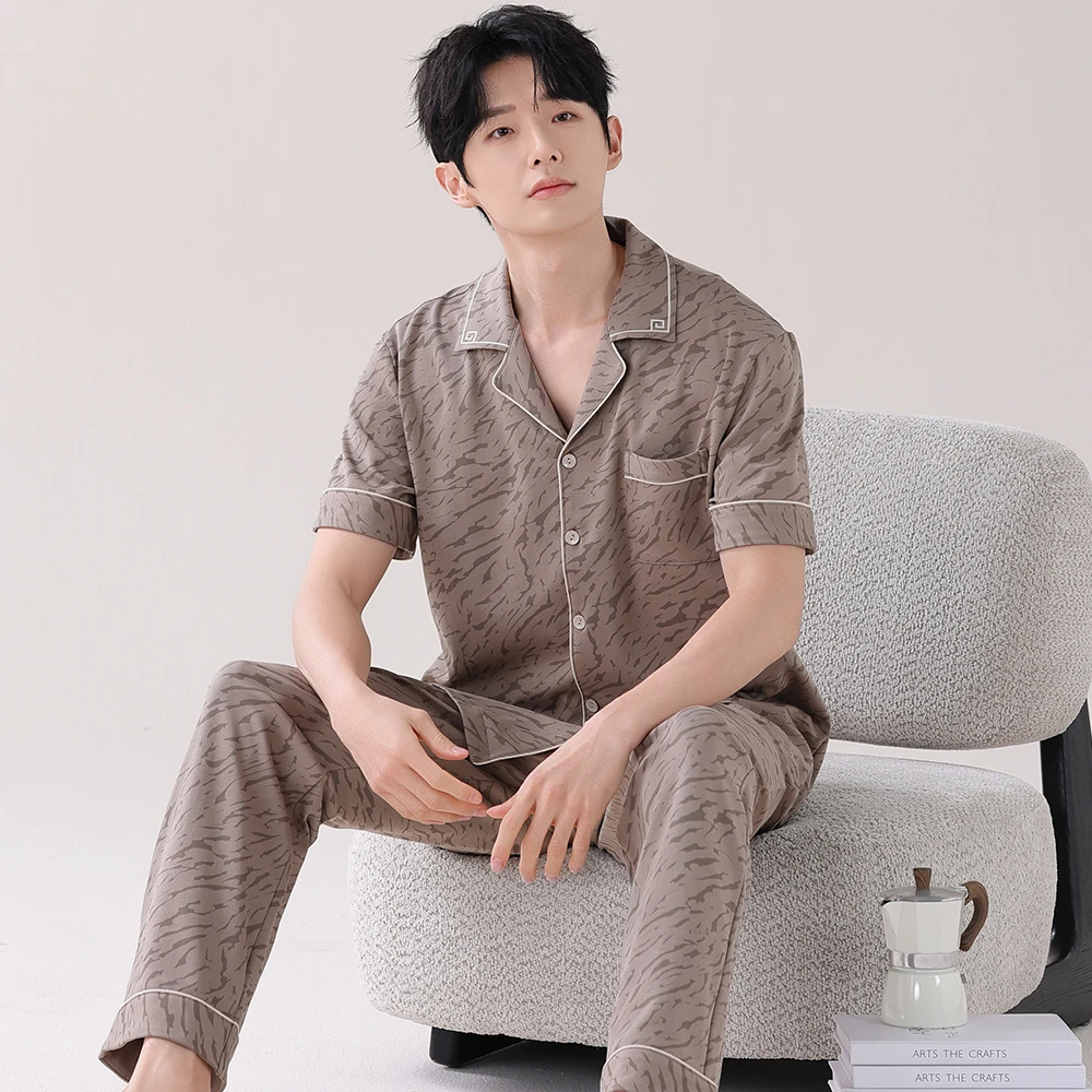 100%纯棉男士睡衣青年大码夏天两件套家居服居家高级感短袖长裤