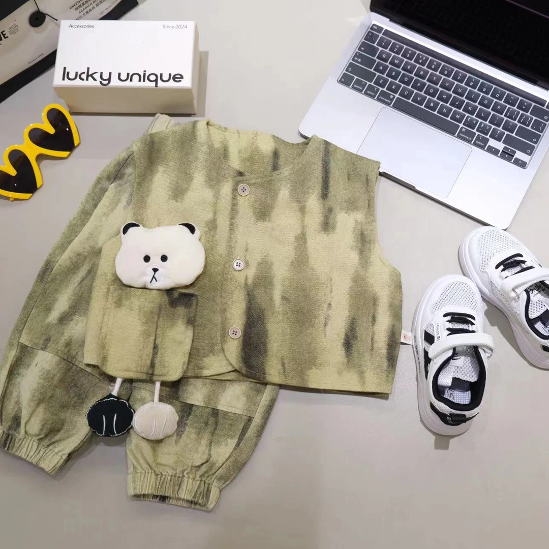 儿童春秋韩版卡通扎染小熊马甲裤子两件套H1373