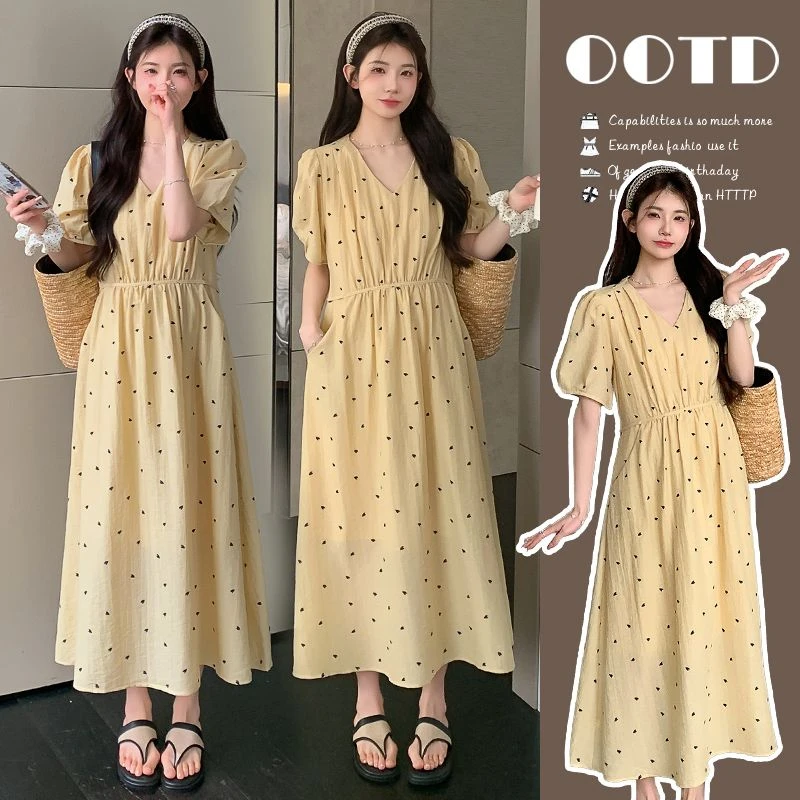 【枫丽】2025夏季新款孕妇法式爱心气质显瘦宽松系带短袖连衣裙