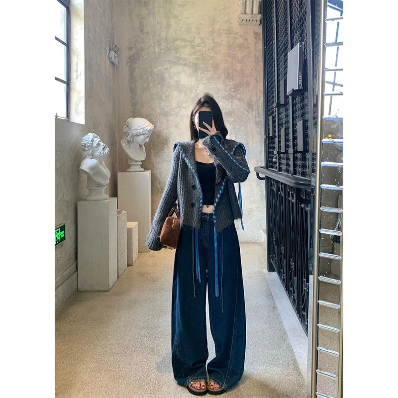 韩系撞色海军领飘带毛衣短外套新款宽松设计感复古百搭阔腿牛仔裤