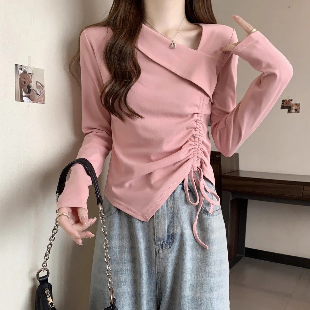 大码不规则长袖t恤女2025秋季设计感抽绳打底衫胖mm显瘦内搭上衣