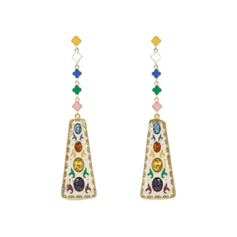 铜合金耳饰 四叶草彩牌长款精致优雅法式中国风耳环小众设计感女