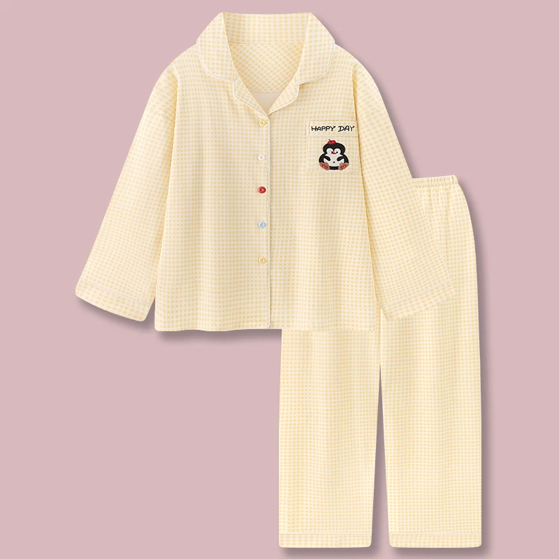 『奶黄企鹅』甜美纯棉睡衣女春秋2025新款格纹学生长袖家居服套装