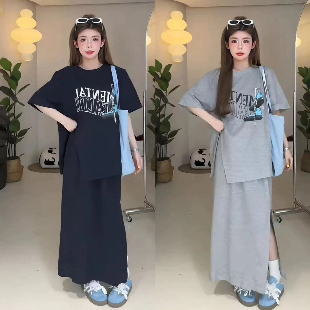 胖MM夏季时尚休息套装宽松显瘦印花短袖T恤＋高腰半身裙两件套