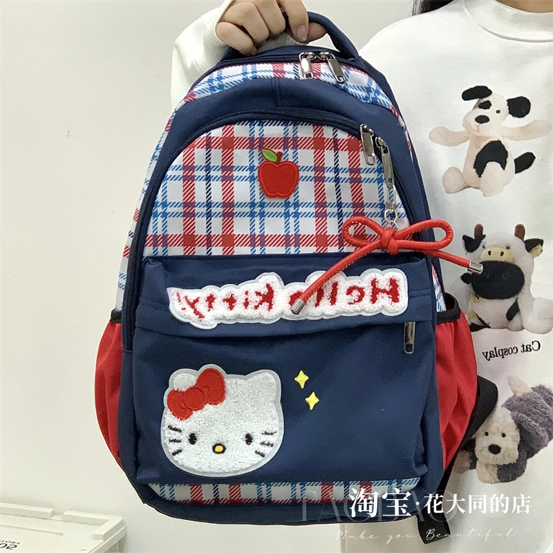 美式复古格子双肩包女大学生小众可爱卡通猫猫背包大容量轻便书包